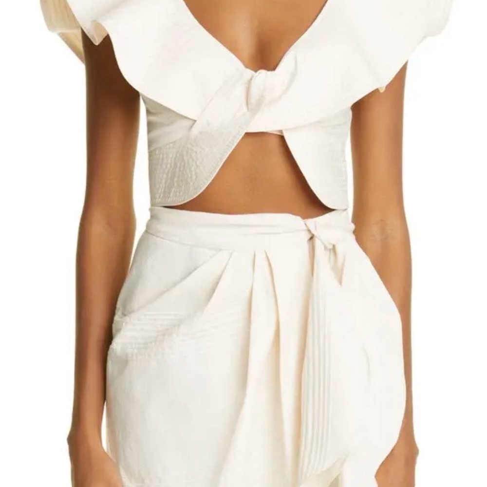 Johanna Ortiz Chic Monochromatic Cream Ruffle Coconut Sugar Crop Top size 8 $450 - Picture 2 of 15